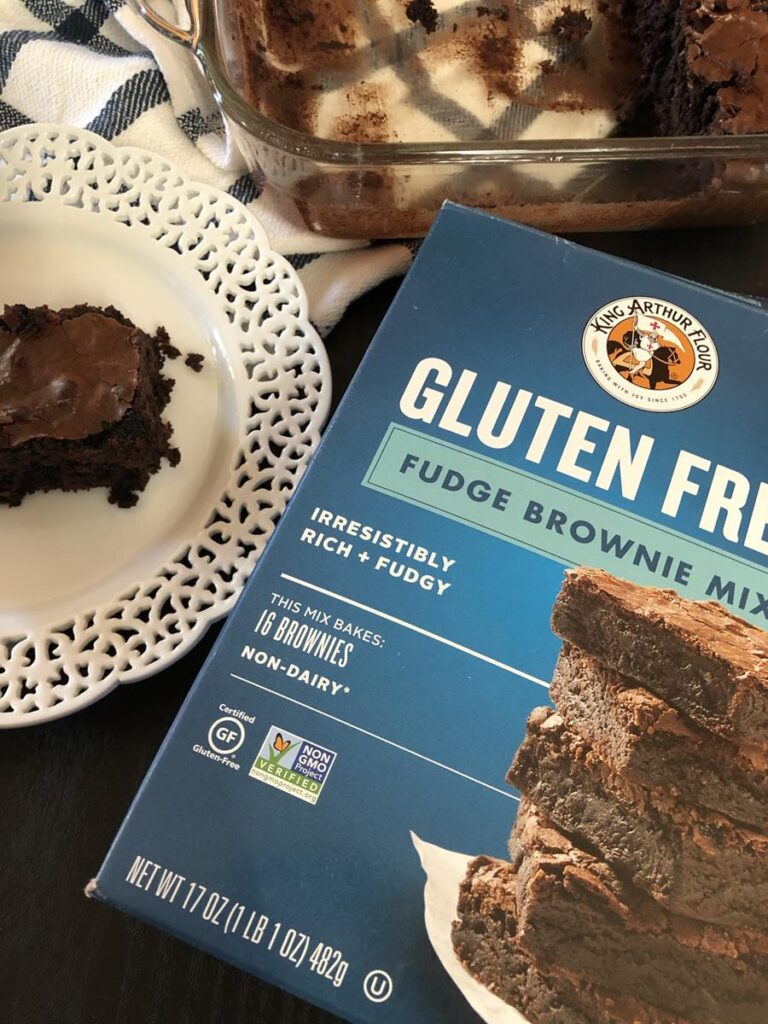 King Arthur Gluten Free Brownie Mix box and brownie on white plate