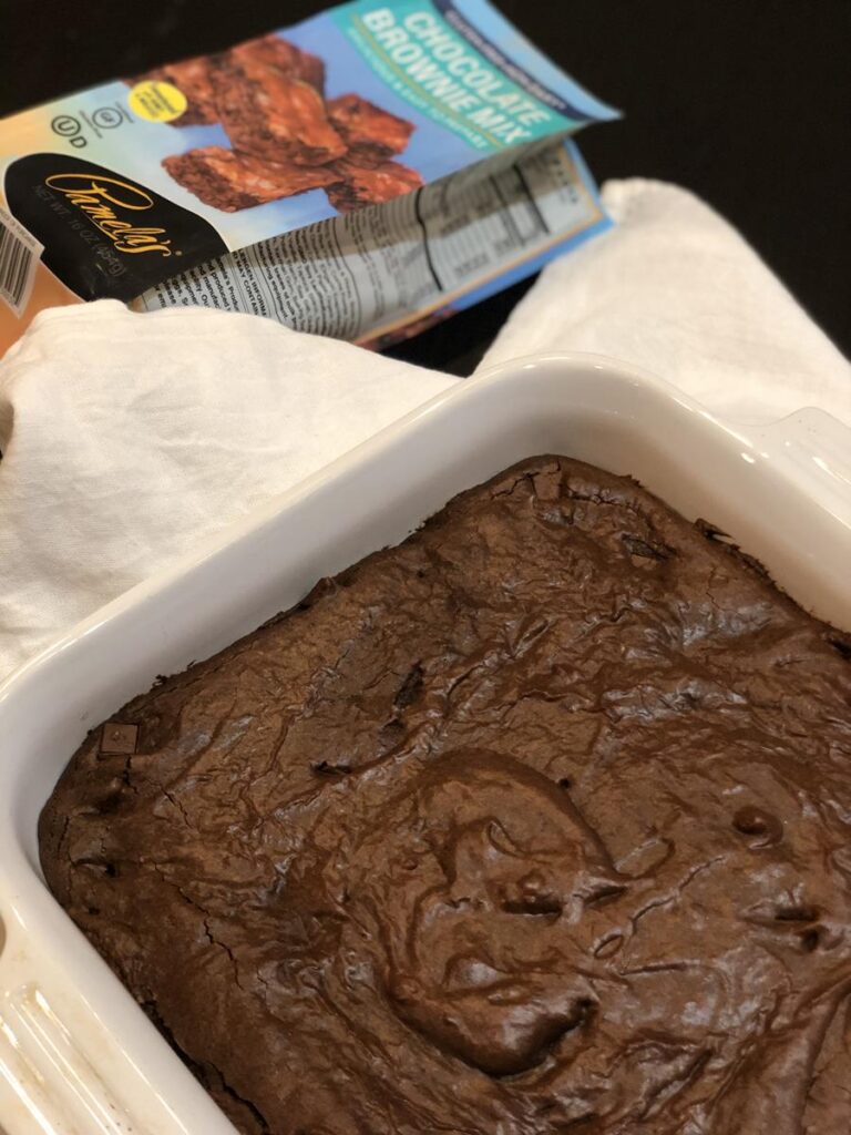 Pamela's Gluten Free Brownie Mix and pan of brownies