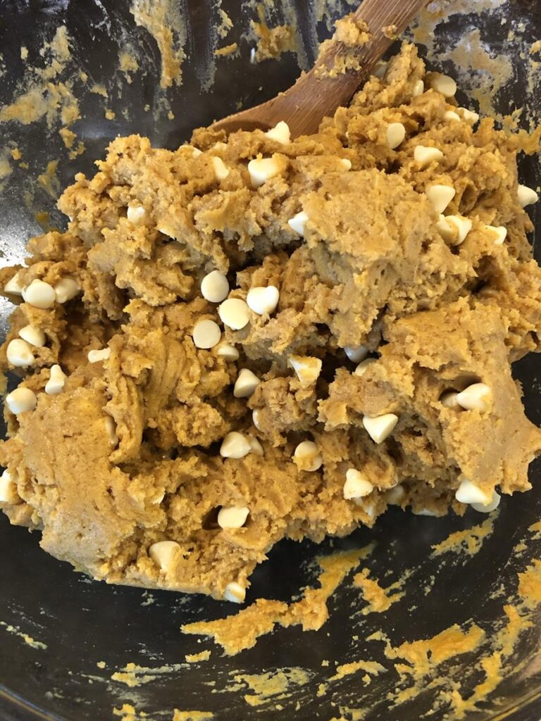 Gluten Free Pumpkin Snickerdoodle Batter with White Chocolate Chips