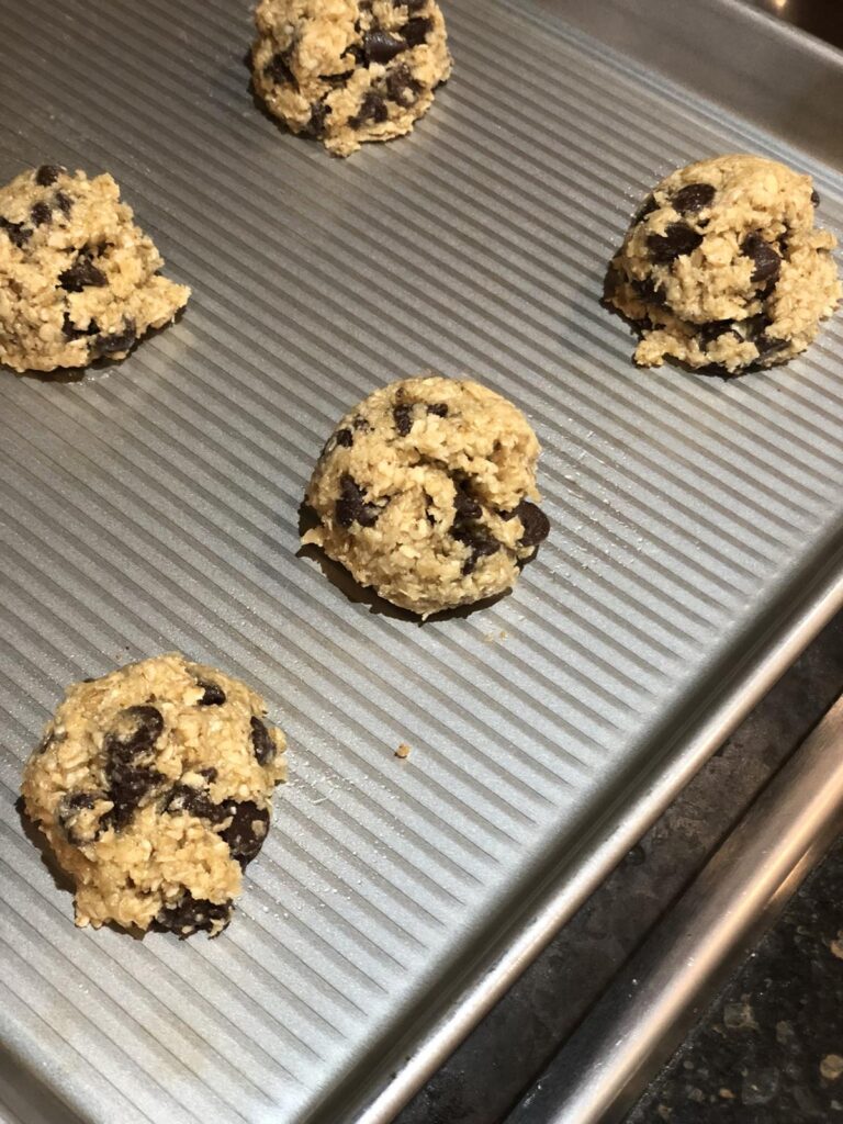 Flourless Oatmeal Chocolate Chip Cookie Dough on cookie sheet