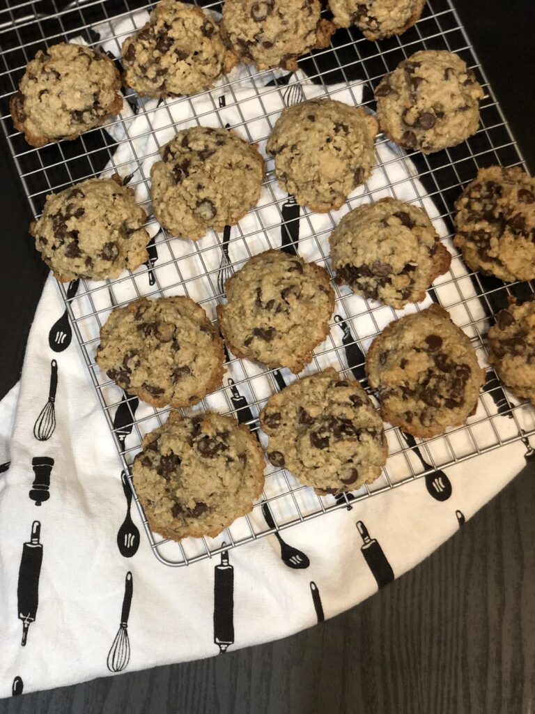Flourless Oatmeal Chocolate Chip Cookies on a cooling rack