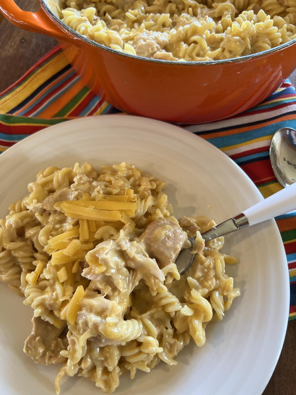 Tuna Helper on white plate with fork